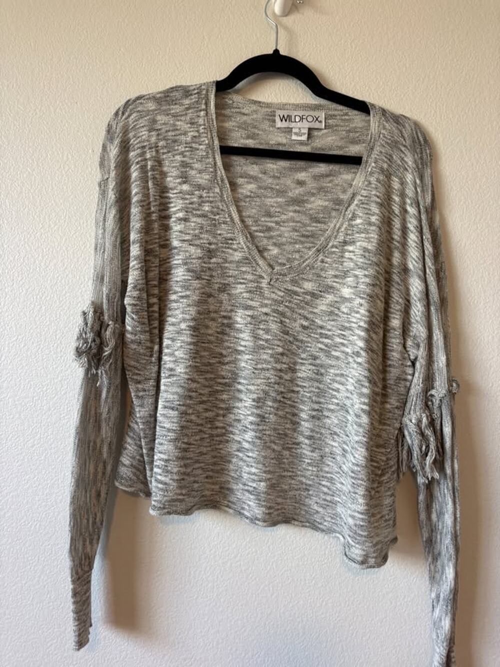 Wildfox Gray Heather Fringe-Cuff V-Neck Sweater - Size S